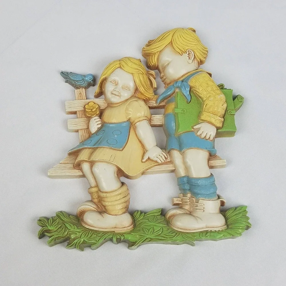Vintage Homco wall decor two kids sitting on‎ bench children cottagecore ranch